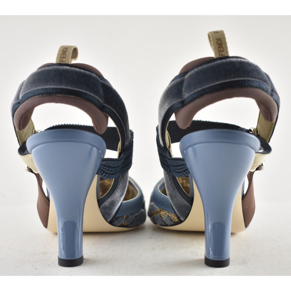 Fendi Colibri Lite 85mm Blue Velvet Beige FF Logo Pointed Slingback Heel Pump 39 - Picture 12 of 14